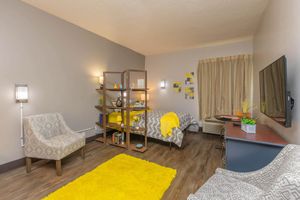A cozy bedroom featuring a bed with yellow and gray bedding, a modern shelving unit with decorative items, a bright yellow rug, two comfortable chairs, a desk with a flat-screen TV mounted on the wall, and a curtain window letting in natural light. The walls are painted in neutral tones.