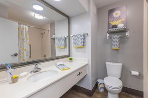 A clean and modern bathroom featuring a white sink with a mirror above, a toilet, and decorative towels on a rack. The walls are painted light gray, and there's a small plant on the counter. A framed artwork with a flower design hangs above the towel rack, adding a cheerful touch to the space.