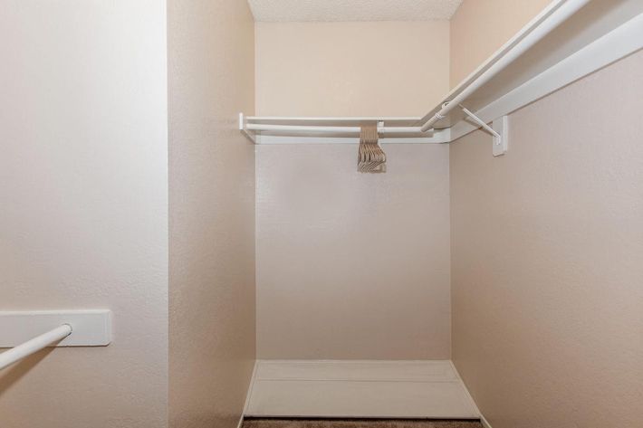 A simple, empty closet with beige walls and a white shelf. There are a few hangers hanging on the rod, and the floor is carpeted. The overall space appears clean and undecorated, suggesting it could be ready for storage or organization.
