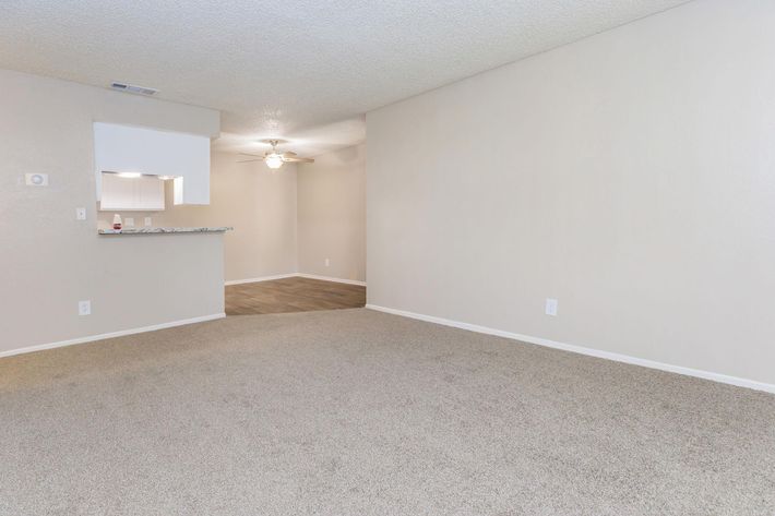 A spacious, empty living room with beige carpet and light-colored walls. A ceiling fan is visible in the far corner, and there is a small kitchen area with a bar counter in the background. The room is well-lit and has an open layout, creating a bright and airy feel.