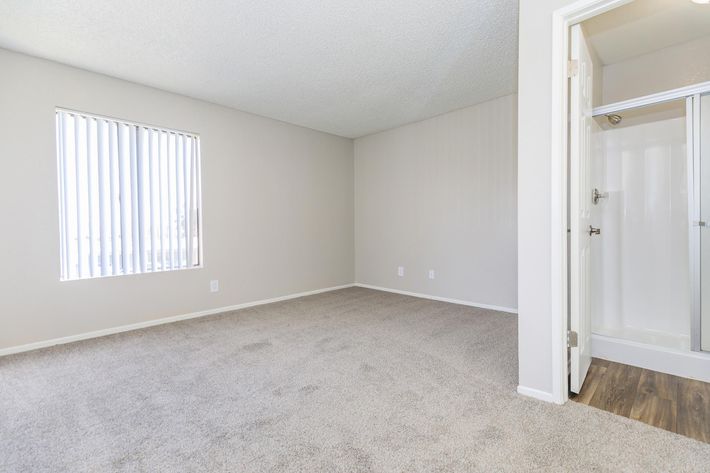 A spacious, empty room with light beige walls and tan carpet. A window with vertical blinds lets in natural light. A doorway leads to a bathroom area featuring a modern shower. The overall ambiance is clean and simple, suitable for various decor styles.