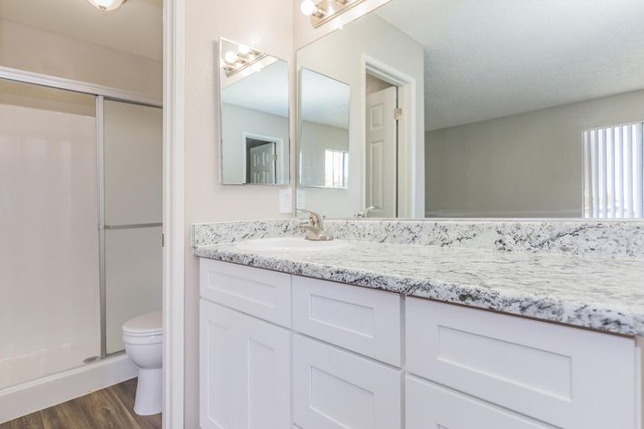 A modern bathroom interior featuring a white vanity with a granite countertop, a sink with a faucet, two mirrors above the sink, a shower stall with a glass door, and a separate toilet area. The walls are painted in a light color, and there are large windows providing natural light.