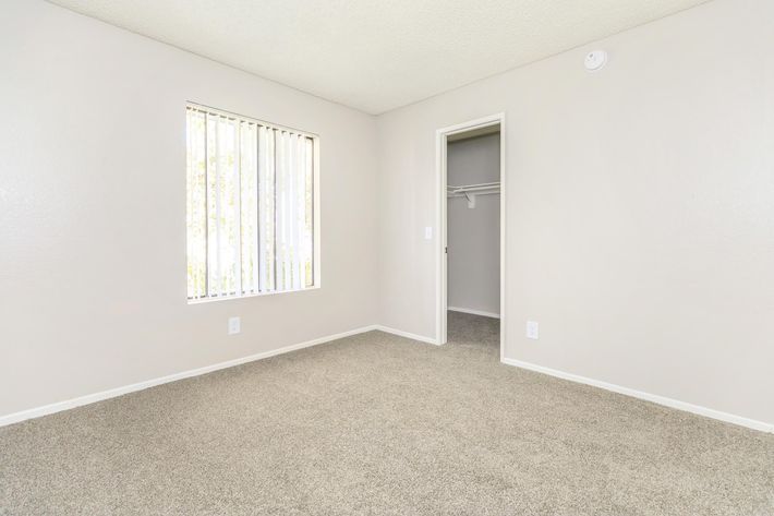 A clean, empty room with light gray walls and a textured ceiling. It features a window with vertical blinds allowing natural light, and a door leading to a closet. The floor is covered in light gray carpet, creating a spacious and airy atmosphere.