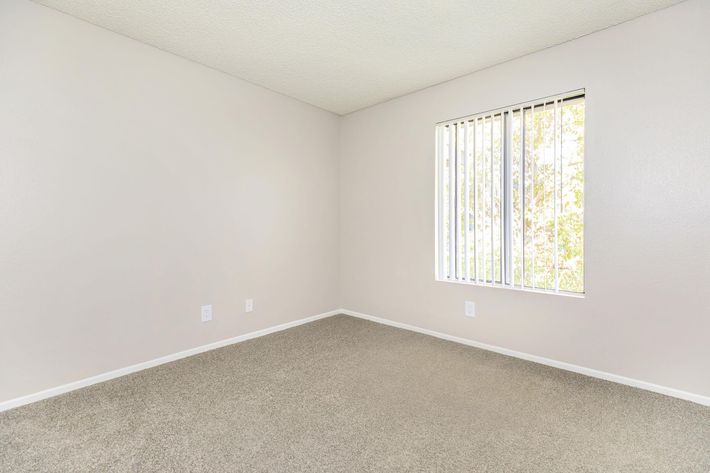 Empty room with light beige walls and a carpeted floor. A small window with vertical blinds lets in natural light. There are no furnishings or decorations, creating a spacious, minimalistic atmosphere.