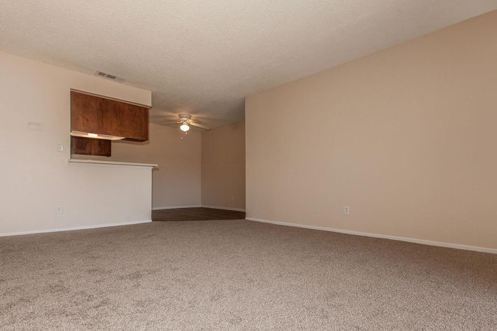 A spacious, empty living room with light-colored walls and carpeted flooring. There's a ceiling fan in the corner, and an open area leading to a small kitchen with wooden cabinets visible in the background. The room is well-lit and features a clean, minimalist design.