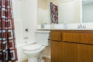 A clean and simple bathroom featuring a white bathtub with a shower curtain in geometric patterns, a toilet, and a wooden vanity with a sink. The countertop displays several toiletries and a hand soap dispenser, and there is a large mirror above the sink. Neutral-toned walls create a calming atmosphere.