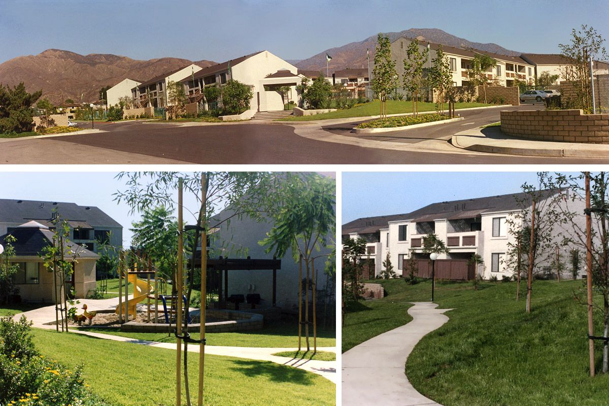 A series of three photographs depicting a residential area with multi-story buildings surrounded by landscaped green spaces, young trees, and pathways. The backdrop features mountains under a clear blue sky. There is a playground with a slide in one of the images.