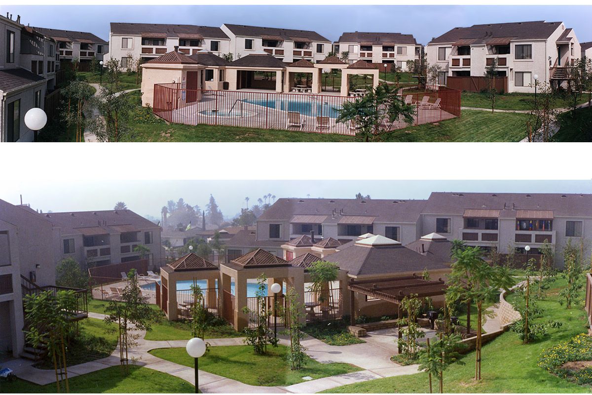 Panoramic view of an apartment community featuring two sections. The top section shows a series of two-story buildings with balconies and a fenced swimming pool surrounded by grass. The bottom section highlights the same complex from a different angle, showcasing landscaped paths, gardens, and additional seating areas near the pool, with trees and shrubs dotting the landscape.