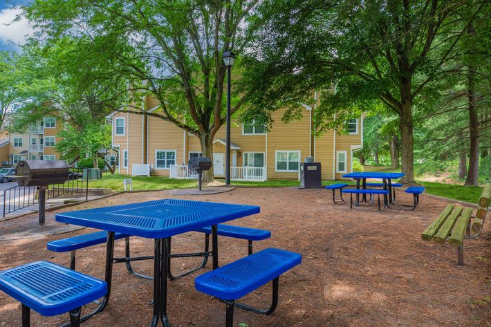 a group of lawn chairs sitting on top of a blue bench