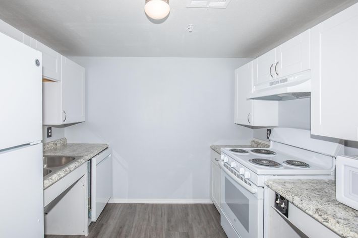 a kitchen with a sink and a refrigerator