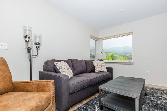 A cozy living room featuring a dark gray sofa with decorative pillows, a coffee table, and an armchair. Natural light enters through a window, highlighting a view of distant mountains. The walls are painted in light colors, and the floor is adorned with a patterned rug.