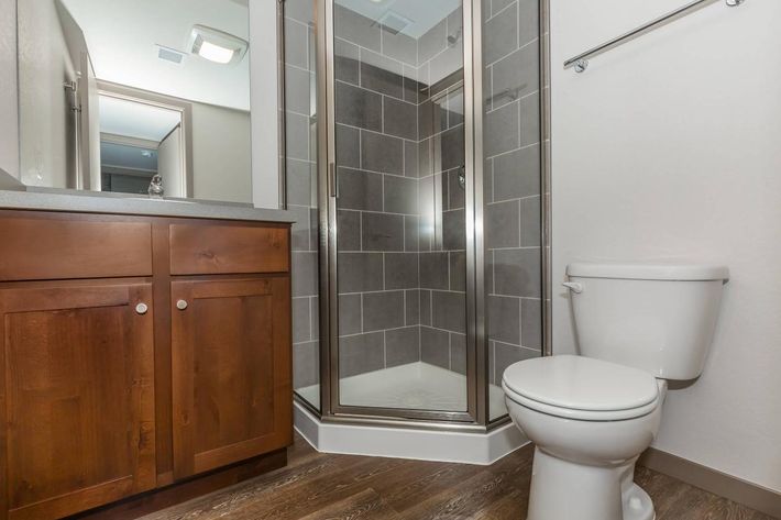 A modern bathroom featuring a walk-in shower with gray tiled walls, a wooden vanity with storage below, and a white toilet. The room has beige walls and wooden flooring, with a mirror reflecting the space. Bright overhead lighting enhances the clean and contemporary design.