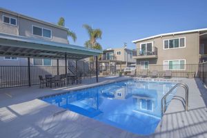 a pool outside of a building