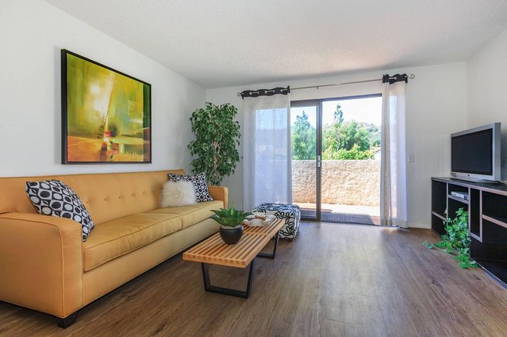 A bright and modern living room featuring a yellow sofa with decorative pillows, a wooden coffee table with a plant, and a large window with sheer curtains. A TV is mounted on a black media console, and a leafy green plant adds a touch of nature to the space. The decor is minimalistic and inviting.