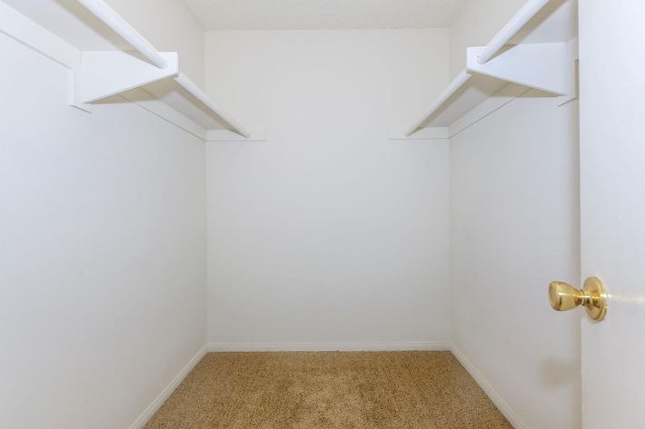 A small, empty closet with white walls and two horizontal shelves. The floor is covered with beige carpet, and a door with a brass doorknob is partially visible on the right side. The overall space appears clean and uncluttered.