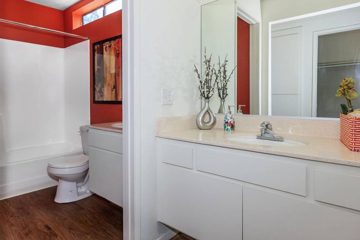 A modern bathroom featuring a white vanity with a sink, a toilet, and a bathtub. The walls are painted in a warm red color, complemented by decorative elements. The floor is wood laminate, and there is a small decorative vase with branches and a plant on the counter, enhancing the stylish atmosphere.