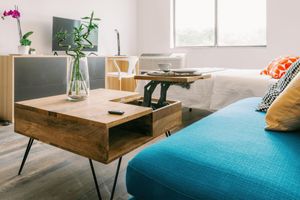A stylish, modern living space featuring a wooden coffee table with a remote, potted orchid, and a blue sofa. In the background, there's a bed with decorative pillows, a TV, and an air conditioning unit next to a wooden dresser. Natural light floods the room through a large window.