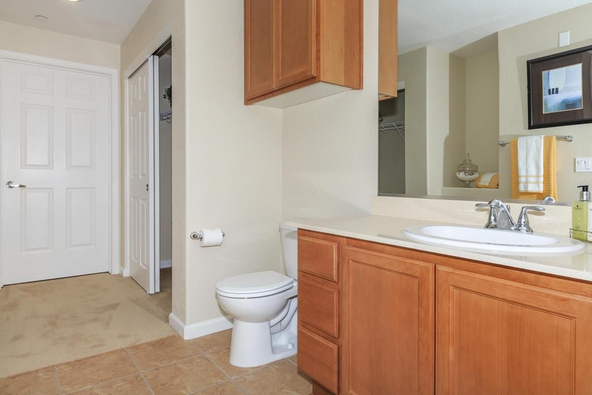 A neatly organized bathroom featuring a wooden vanity with a sink, a wall-mounted mirror, a white toilet, and beige walls. There is a roll of toilet paper on the side, and a closet door is visible in the background. The flooring is tiled, and overall, the space is well-lit and clean.
