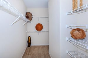 A spacious, organized closet with beige walls and carpet flooring. One side features wire shelving, while decorative items, including a wooden bowl and a large round plate, are displayed on the shelves. Two decorative vases are positioned on the floor, adding a touch of style to the minimalist space.
