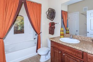 A bathroom featuring a bathtub with an orange curtain, a large mirror, a granite countertop with a sink, and wooden cabinetry. There are decorative items on the wall and a painting depicting trees. The color scheme includes warm tones.