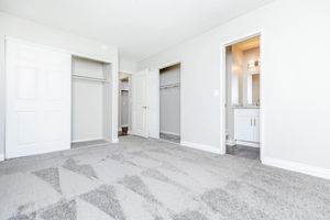 carpeted bedroom with attached closets and bathroom