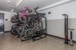 a bicycle parked on the side of the room