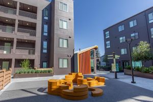 a bench in front of a building