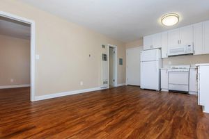 A spacious, empty apartment interior featuring a living area with light-colored walls and wood flooring. The kitchen area includes a white refrigerator, stove, and microwave. A doorway leads to another room, emphasizing the open layout. Natural light enhances the inviting atmosphere.