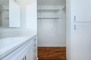 Interior view of a bathroom featuring a modern vanity with a sink and storage cabinets. Adjacent is an empty closet space with shelving. The walls are painted light, and the flooring has a warm wooden finish, creating a bright and open atmosphere.