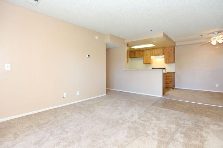 Carpeted living room and dining room with linoleum floors