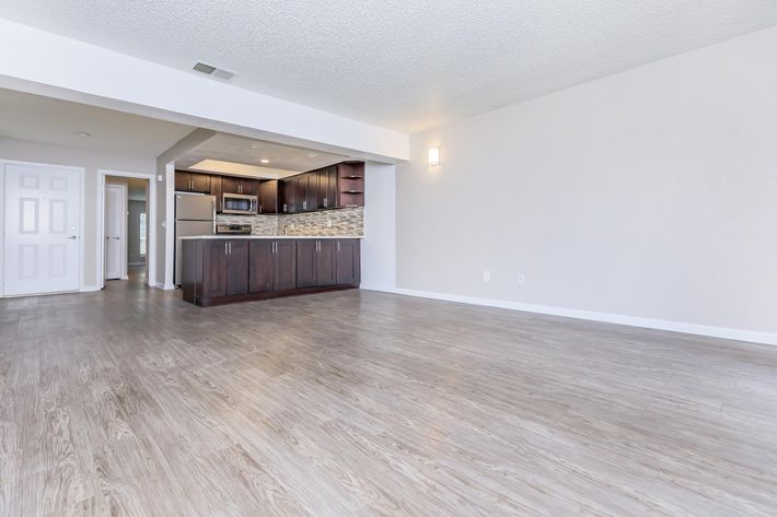 Spacious interior of a modern apartment featuring light wood flooring, a kitchen with dark wooden cabinets and stainless steel appliances in the background, and a neutral-colored wall. Ample natural light fills the open living area, creating a bright and inviting atmosphere.