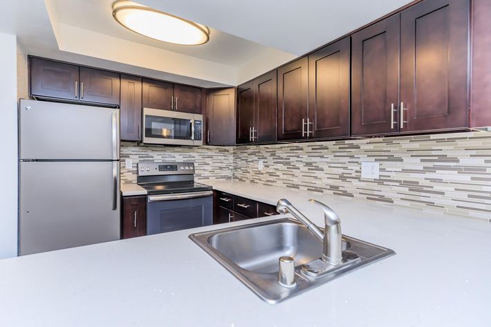 Modern kitchen featuring dark wood cabinetry, stainless steel appliances including a refrigerator and microwave, a silver kitchen sink, and a stylish backsplash with a mix of neutral tiles. The countertop is light-colored and smooth, complemented by a circular ceiling light for bright illumination.