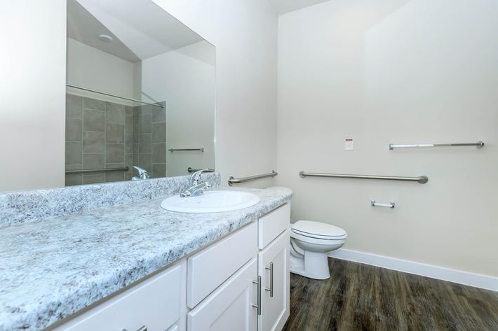 Apartments in Leander TX - Hills at Leander Expansive Bathroom with a Large Vanity, Shower, and Much More
