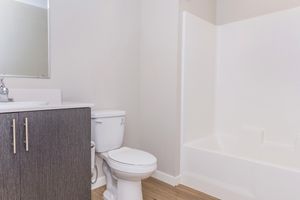 A modern bathroom featuring a white tub and shower, a wall-mounted mirror above a sleek dark wood vanity with a sink, and a white toilet. The flooring is light wood, creating a clean and contemporary look. The walls are painted in a light neutral color.