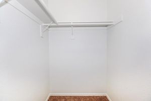 Empty closet with white walls and two horizontal clothing rods. The floor is covered in brown carpet, and there are no items or decorations present, giving it a clean and minimalist appearance.