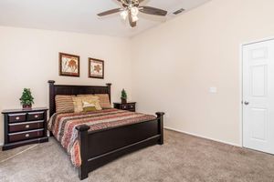 A cozy bedroom featuring a dark wood bed frame with a striped comforter, matching nightstands on either side, and decorative plants. The walls are painted a neutral color, and a ceiling fan is visible above. A white door leads to another area, and the carpet is light brown.