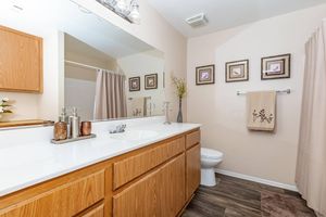 A well-lit bathroom featuring a double sink vanity with wooden cabinets, a large mirror, and decorative items. A shower with a curtain is visible, along with a toilet and towel holder. Wall art in frames adds a touch of decor. The floor is covered with a wood-like laminate.