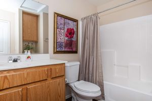 A clean bathroom featuring a white bathtub with a shower curtain, a toilet, and a sink with wooden cabinetry. A framed floral artwork hangs on the wall above the sink, and there are toiletries on the counter. The space has neutral-colored walls and good lighting.