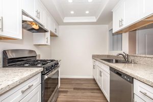 Modern kitchen featuring white cabinetry, granite countertops, stainless steel appliances including a gas range and dishwasher, and a double sink. The space has recessed lighting and a light-colored wall, creating a bright and inviting atmosphere. Wood-like flooring enhances the contemporary design.