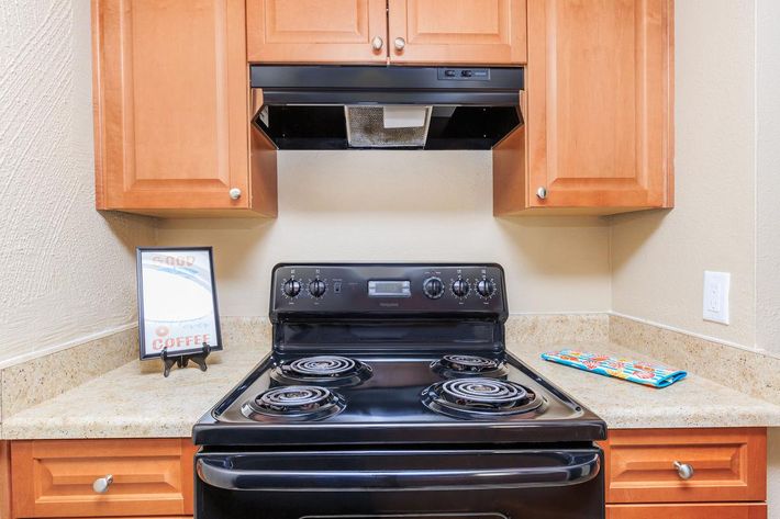 Kitchen with a black stove
