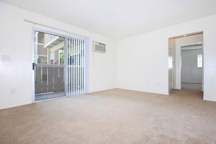 Carpeted living room with sliding glass doors