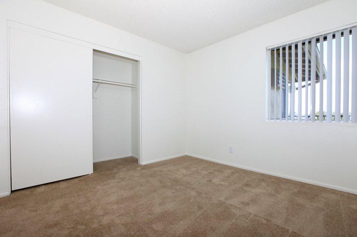 Carpeted bedroom with open sliding closet door