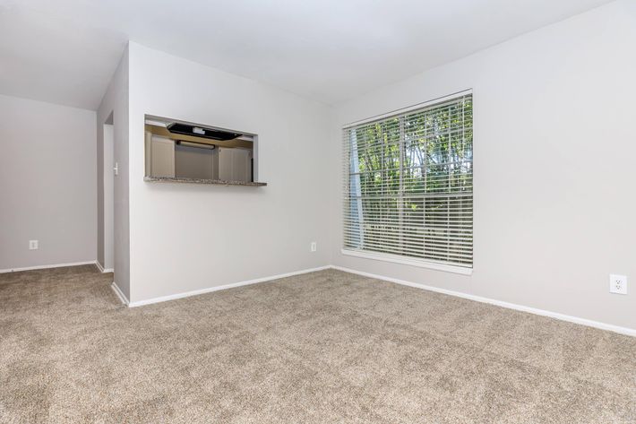 A spacious, light-filled living room with beige carpet and neutral-colored walls. There is a window with blinds letting in natural light and an open view of a kitchen area with a granite countertop. The room is empty, creating a clean and simple aesthetic suitable for various furnishings.