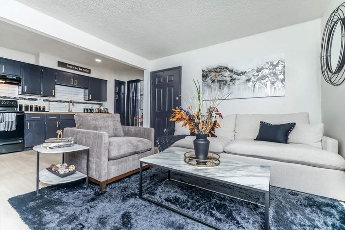 A modern living room featuring a light gray sofa with decorative pillows, a stylish coffee table with a vase of dried flowers, and a plush dark rug. The space has dark cabinetry in the kitchen area visible in the background, showcasing a contemporary design with art on the walls.
