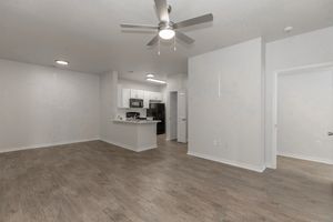 A spacious, modern living area featuring wood-style flooring, a ceiling fan, and an open layout that leads to a kitchen with white cabinets. The kitchen is partially visible, showing appliances and counter space. Two doorways suggest access to additional rooms or a bathroom. The walls are painted light colors, enhancing the bright atmosphere.