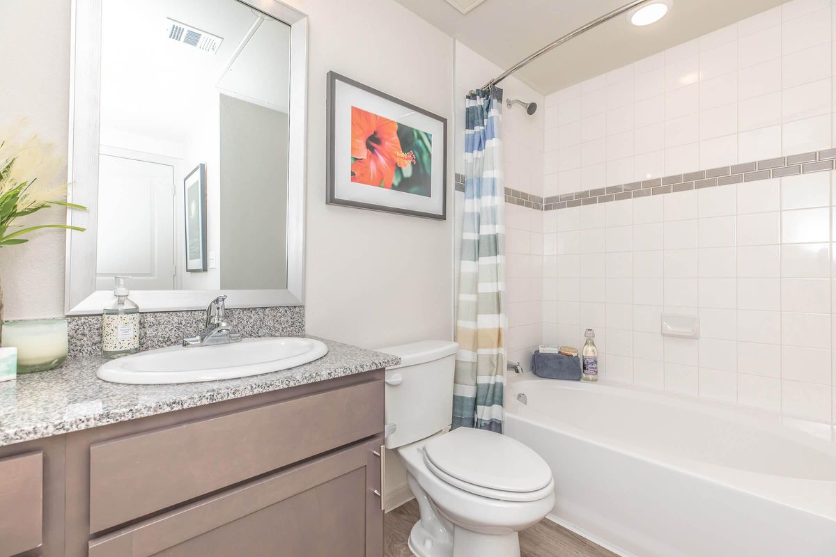 A clean and modern bathroom featuring a white bathtub with a glass shower curtain, a light-colored vanity with a granite countertop, and a mirror. The walls are decorated with a floral artwork and there are neatly arranged toiletries. Soft lighting enhances the spacious feel of the room.