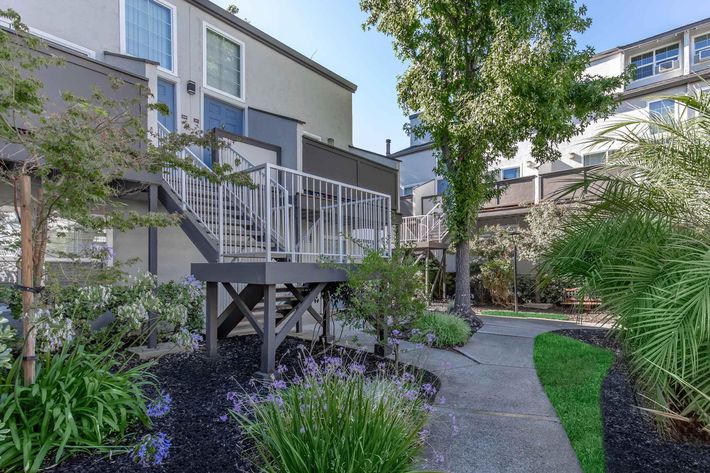 a garden in front of a building