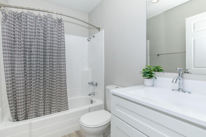 a room with a sink mirror and shower curtain