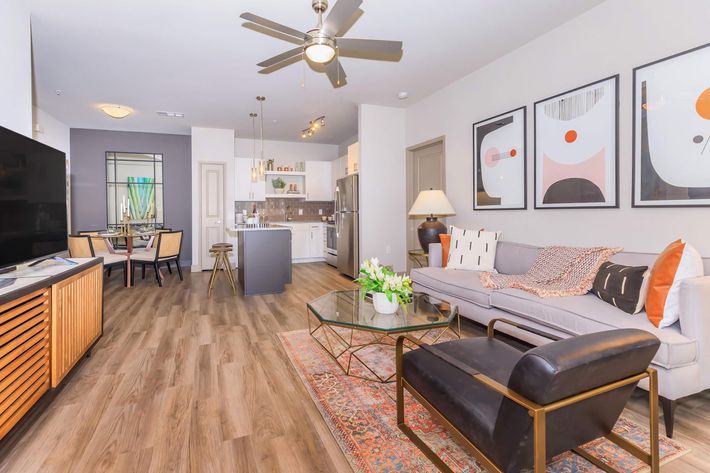 A modern living room featuring a stylish gray sofa adorned with decorative pillows, a glass coffee table on a colorful area rug, and a black armchair. There’s a flat-screen TV, elegant wall art, and a dining area with a round table in the background. The space is well-lit with natural light and warm colors.