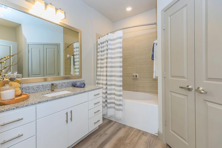 Modern bathroom featuring a bathtub with a striped shower curtain, a large mirror above a white vanity with silver hardware, and a granite countertop. The space is well-lit with natural light and has neutral-colored walls and wood-style flooring. Decorative elements include a towel and a small tray with toiletries.